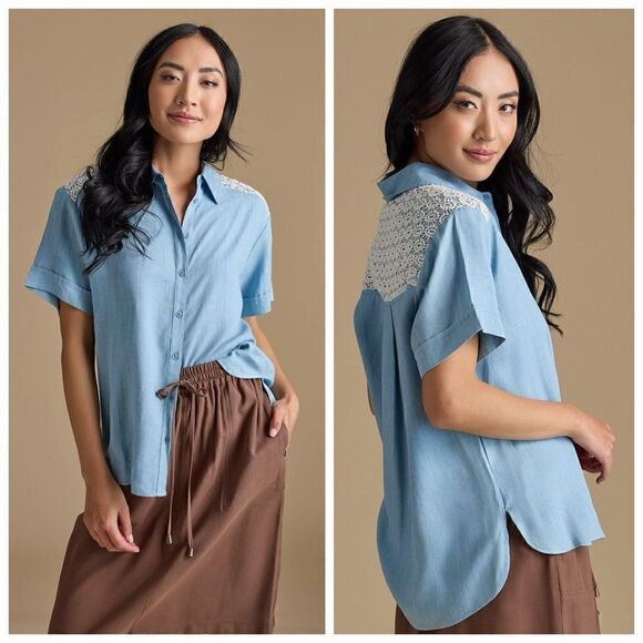 NWT DownEast Bluewind Crochet Chambray Button Down Short Sleeve Shirt XS - Picture 1 of 5